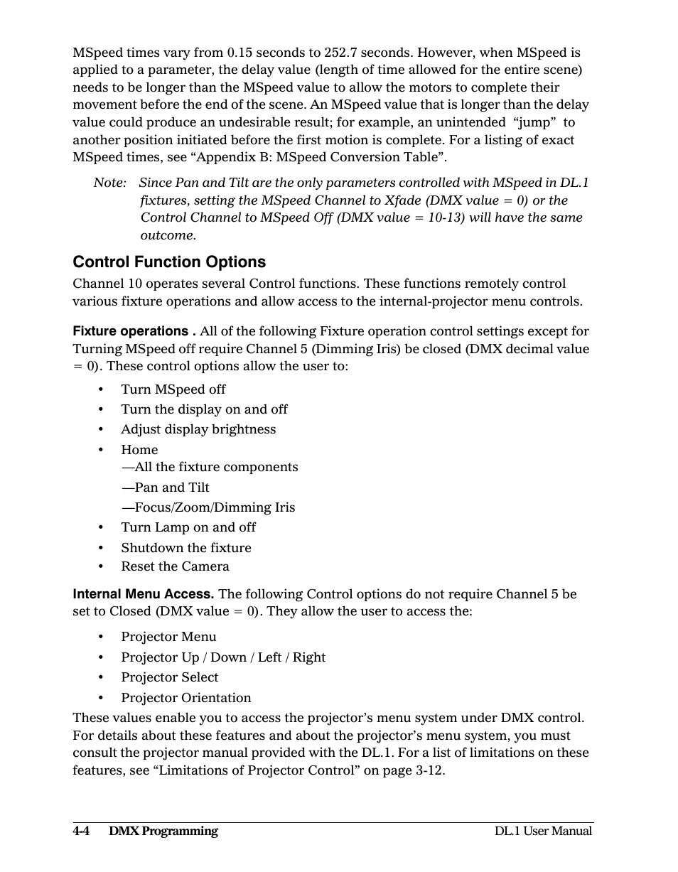 Control function options, Control function options -4 | High End Systems DL1 User Manual | Page 56 / 82