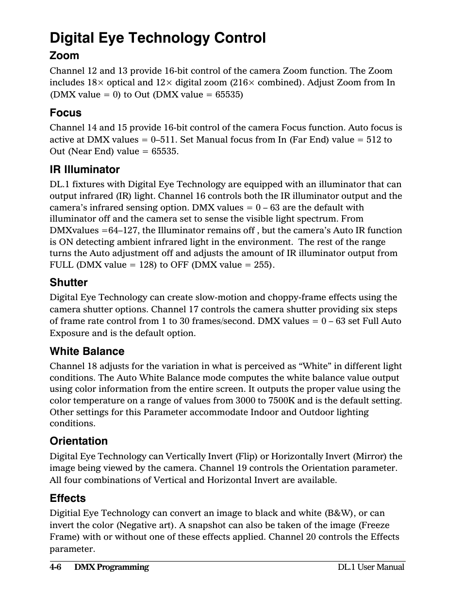 Digital eye technology control, Zoom, Focus | Ir illuminator, Shutter, White balance, Orientation, Effects, Digital eye technology control -6, Effects -6 | High End Systems DL1 User Manual | Page 58 / 82