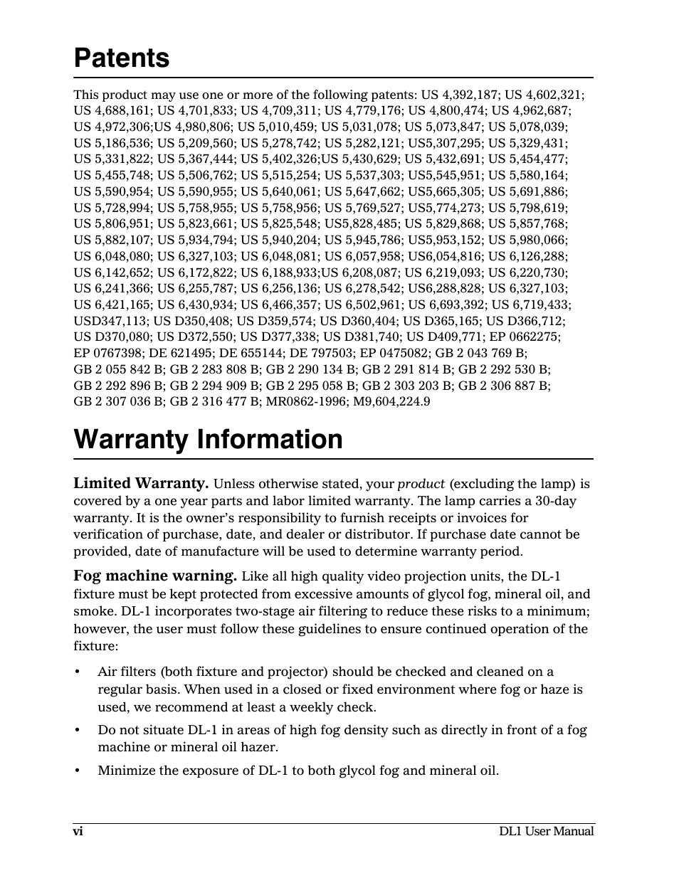 Patents, Warranty information | High End Systems DL1 User Manual | Page 6 / 82