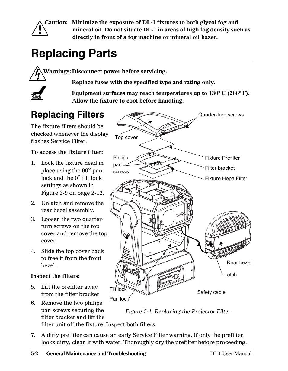 Replacing parts, Replacing filters, Replacing parts -2 | Replacing filters -2, Figure 5-1: replacing the projector filter -2 | High End Systems DL1 User Manual | Page 62 / 82