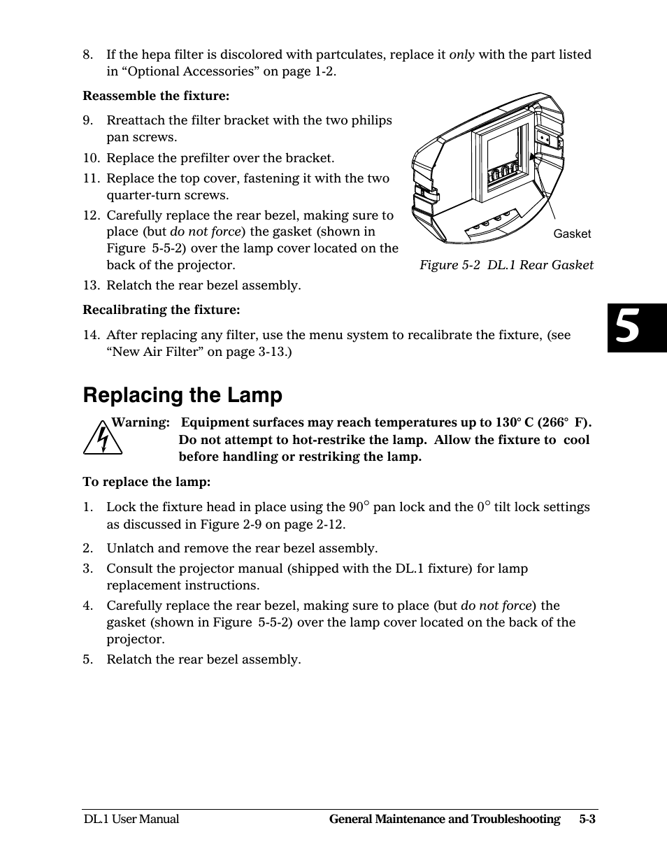 Replacing the lamp, Replacing the lamp -3, Figure 5-2: dl.1 rear gasket -3 | High End Systems DL1 User Manual | Page 63 / 82