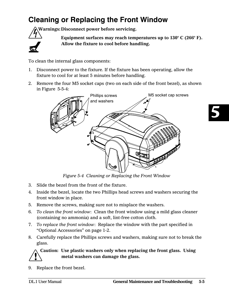 Cleaning or replacing the front window, Cleaning or replacing the front window -5 | High End Systems DL1 User Manual | Page 65 / 82