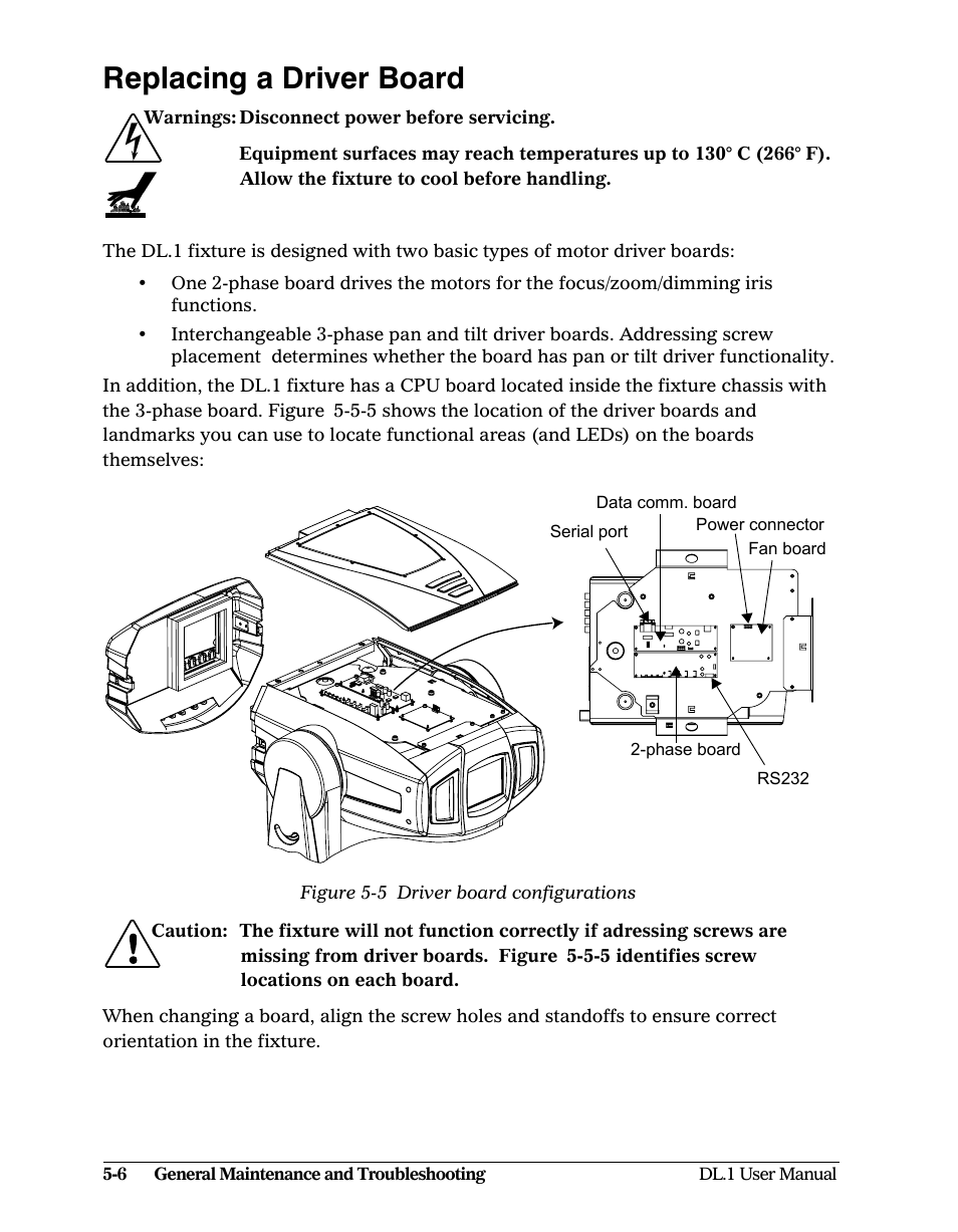 Replacing a driver board, Replacing a driver board -6, Figure 5-5: driver board configurations -6 | High End Systems DL1 User Manual | Page 66 / 82