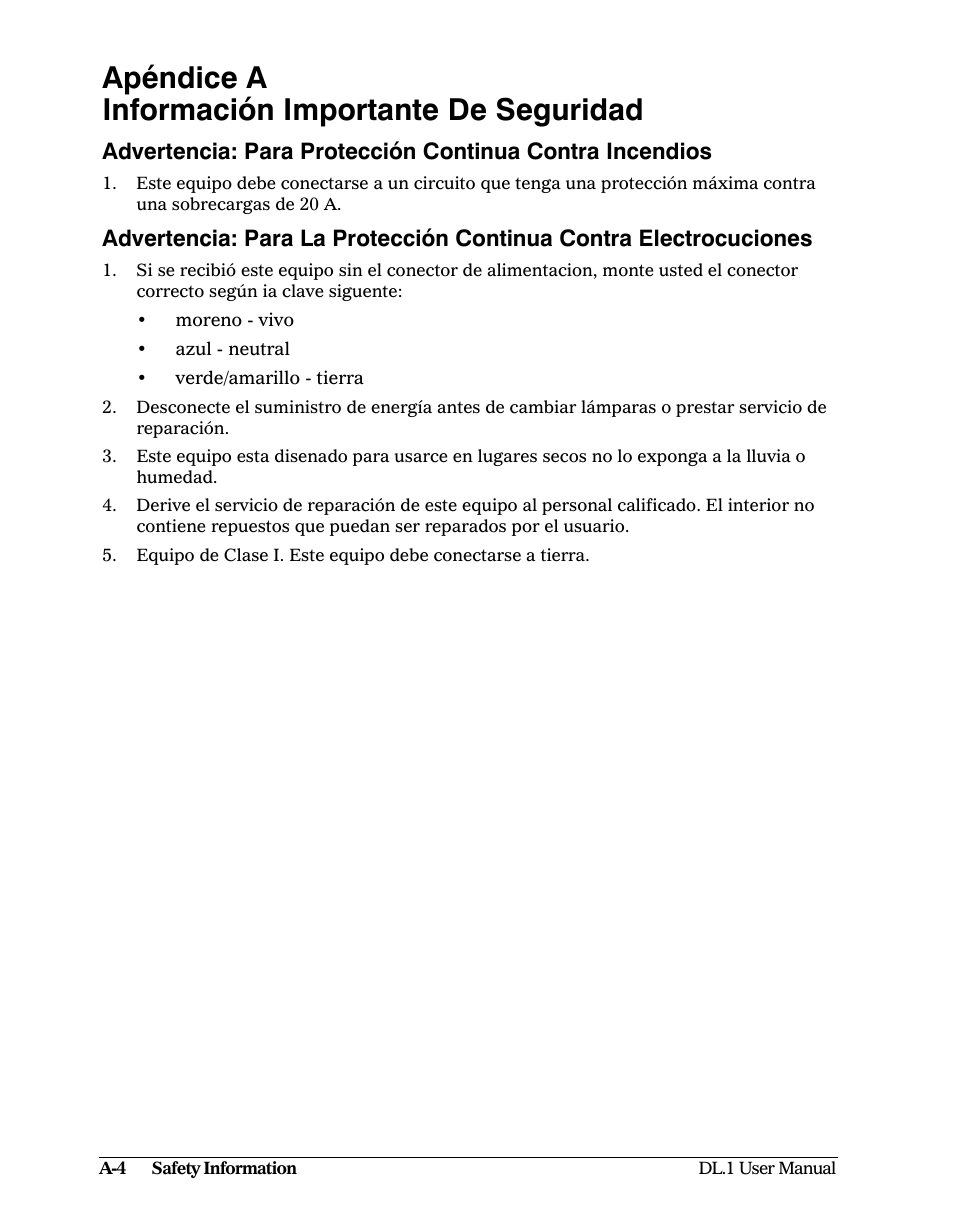 Apéndice a información importante de seguridad | High End Systems DL1 User Manual | Page 76 / 82