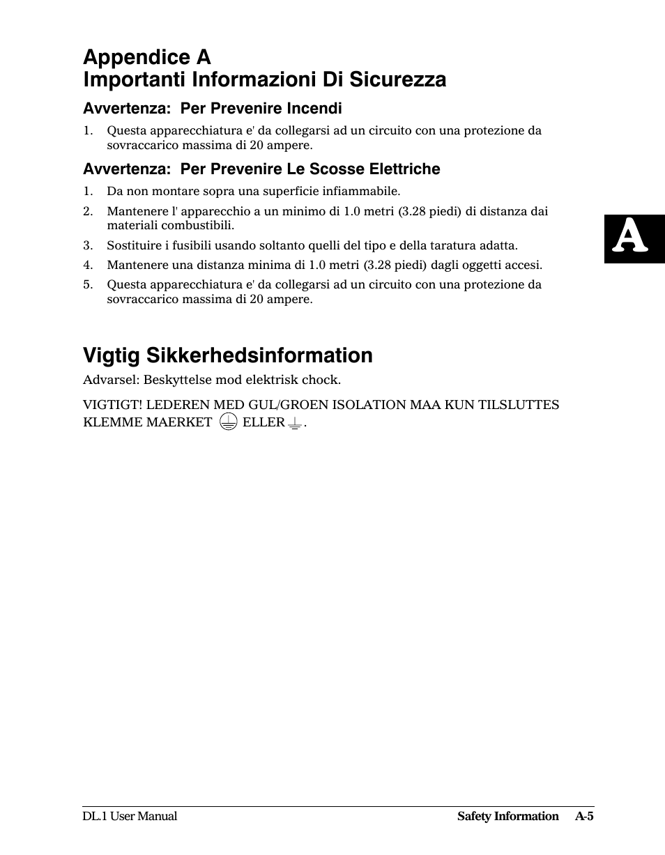 Appendice a importanti informazioni di sicurezza, Vigtig sikkerhedsinformation | High End Systems DL1 User Manual | Page 77 / 82