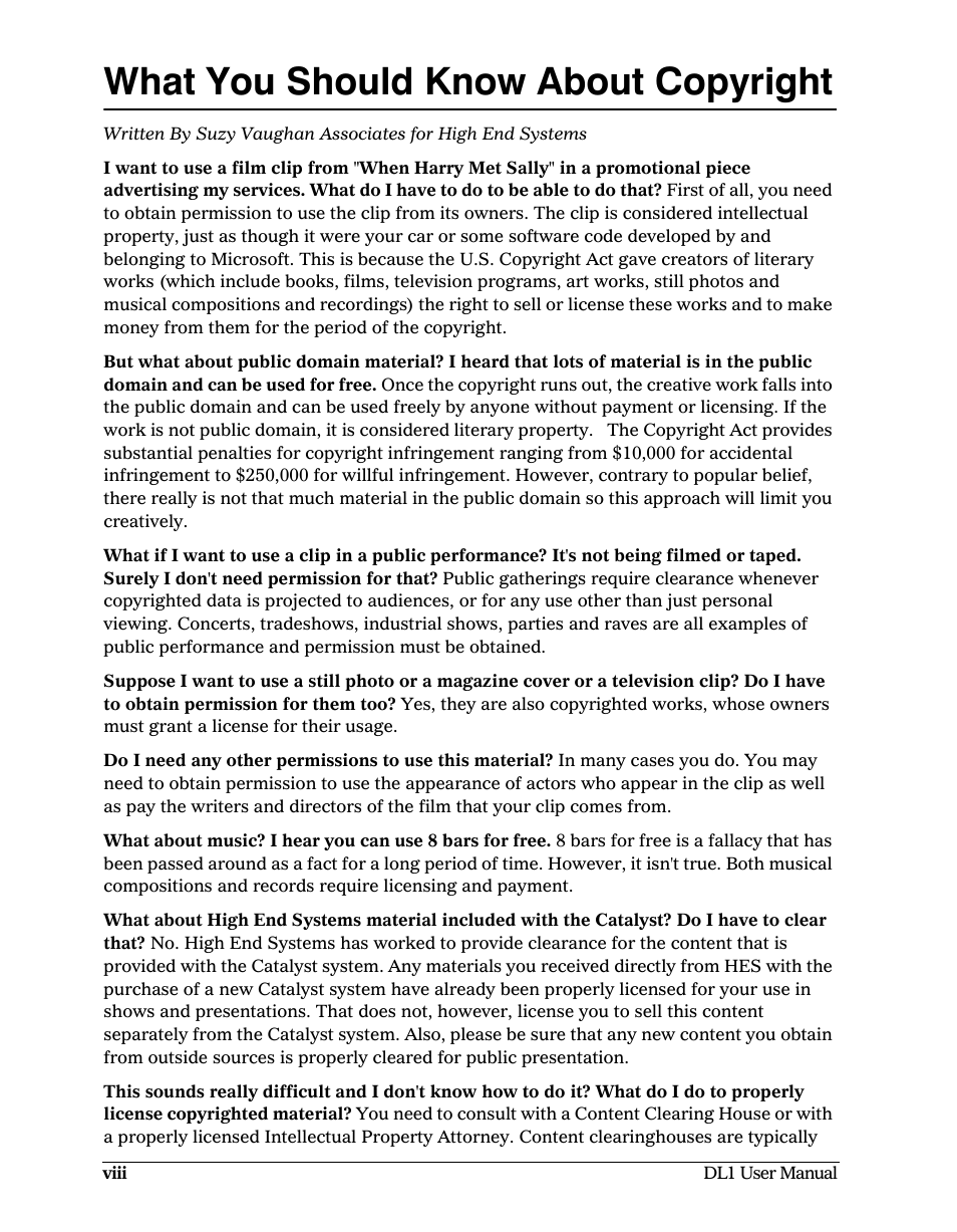 What you should know about copyright | High End Systems DL1 User Manual | Page 8 / 82