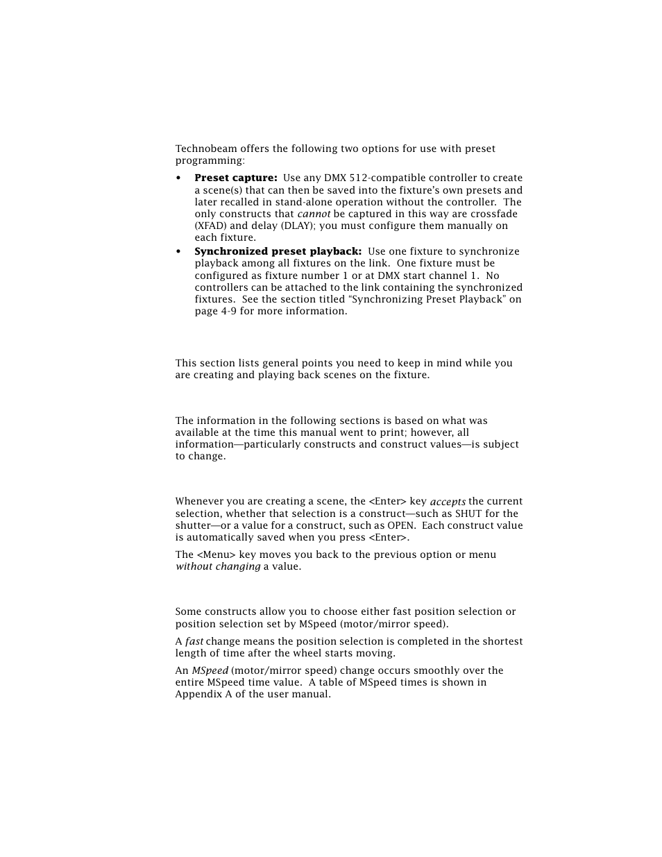 Preset playback options, General information, Subject to change | Enter and menu keys, Mspeed vs. fast changes | High End Systems Technobeam User Manual | Page 102 / 173