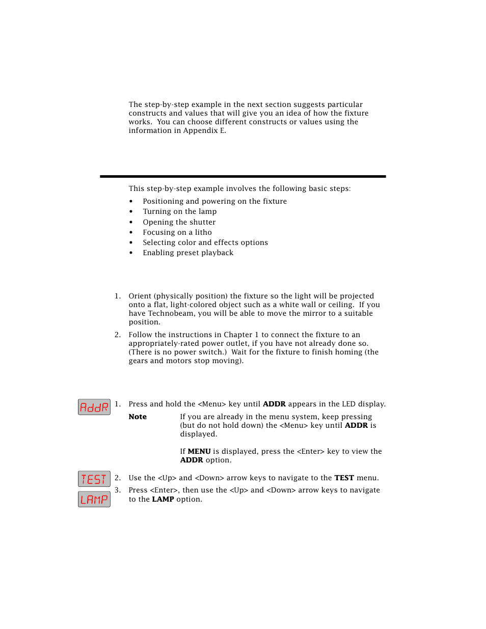 Selecting constructs and values, Creating a scene, Orienting and powering on the fixture | Turning on the lamp, Creating a scene -4 | High End Systems Technobeam User Manual | Page 103 / 173