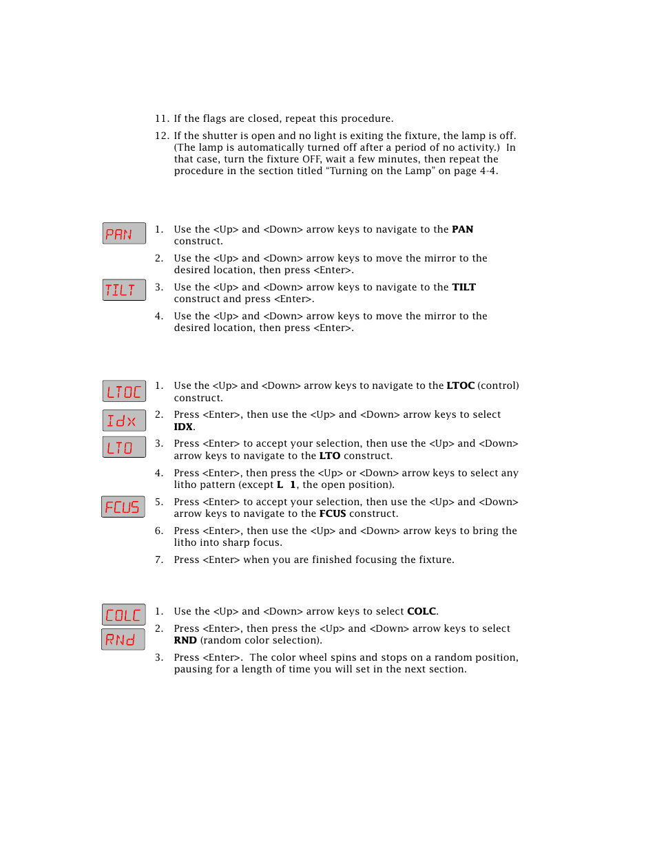 Positioning the mirror, Focusing on a litho, Selecting color wheel constructs | High End Systems Technobeam User Manual | Page 105 / 173