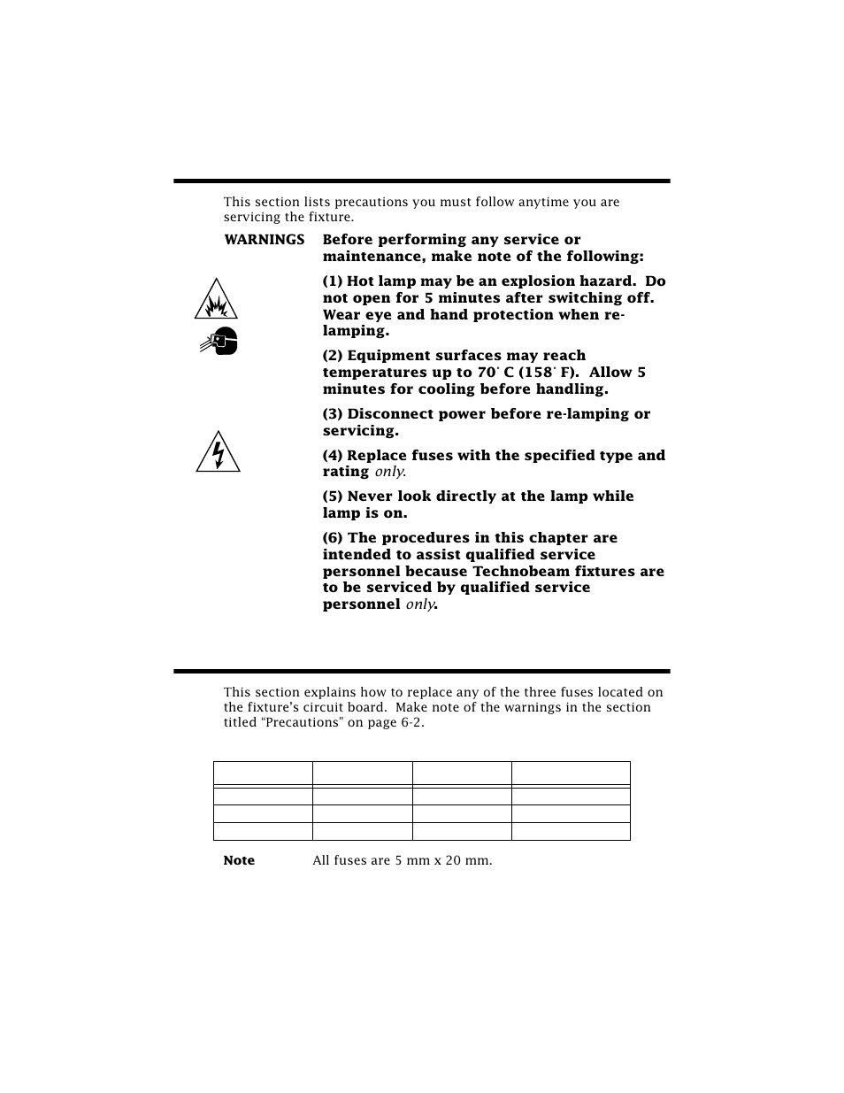 Precautions, Replacing fuses, Precautions -2 replacing fuses -2 | Table 6-1. replacement fuses -2 | High End Systems Technobeam User Manual | Page 121 / 173