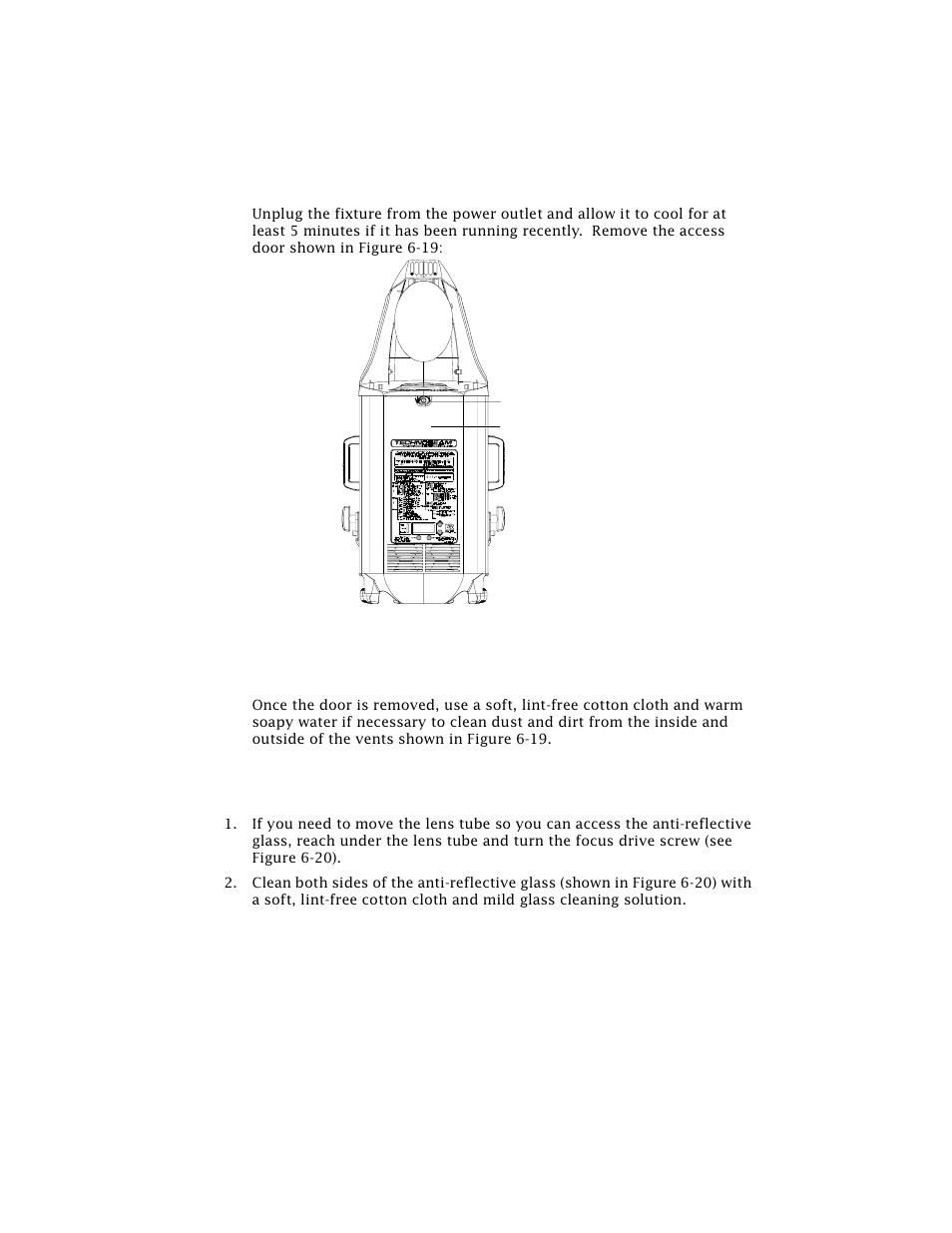 Opening the fixture, Cleaning the door vents, Cleaning the lenses and mirrors | Figure 6-19. opening the fixture’s access door -16 | High End Systems Technobeam User Manual | Page 135 / 173