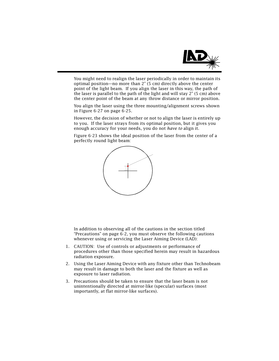 Technobeam laser aiming device, Safety precautions, Technobeam laser aiming device™ -19 | High End Systems Technobeam User Manual | Page 138 / 173