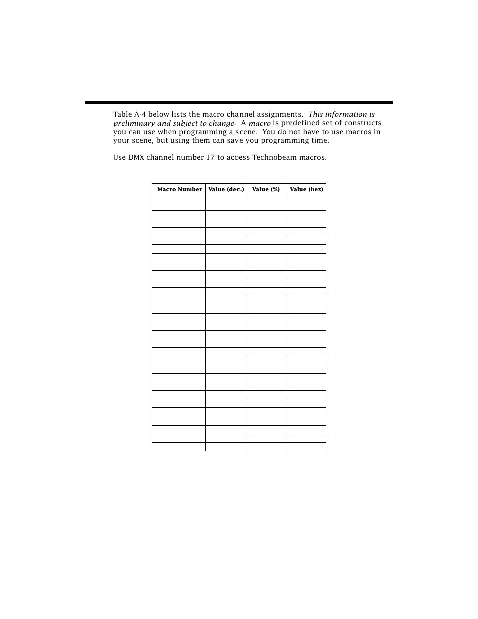 Macro channel assignments, Technobeam, User manual dmx protocols a - 15 | Table a-4. macro dmx channel assignments | High End Systems Technobeam User Manual | Page 160 / 173