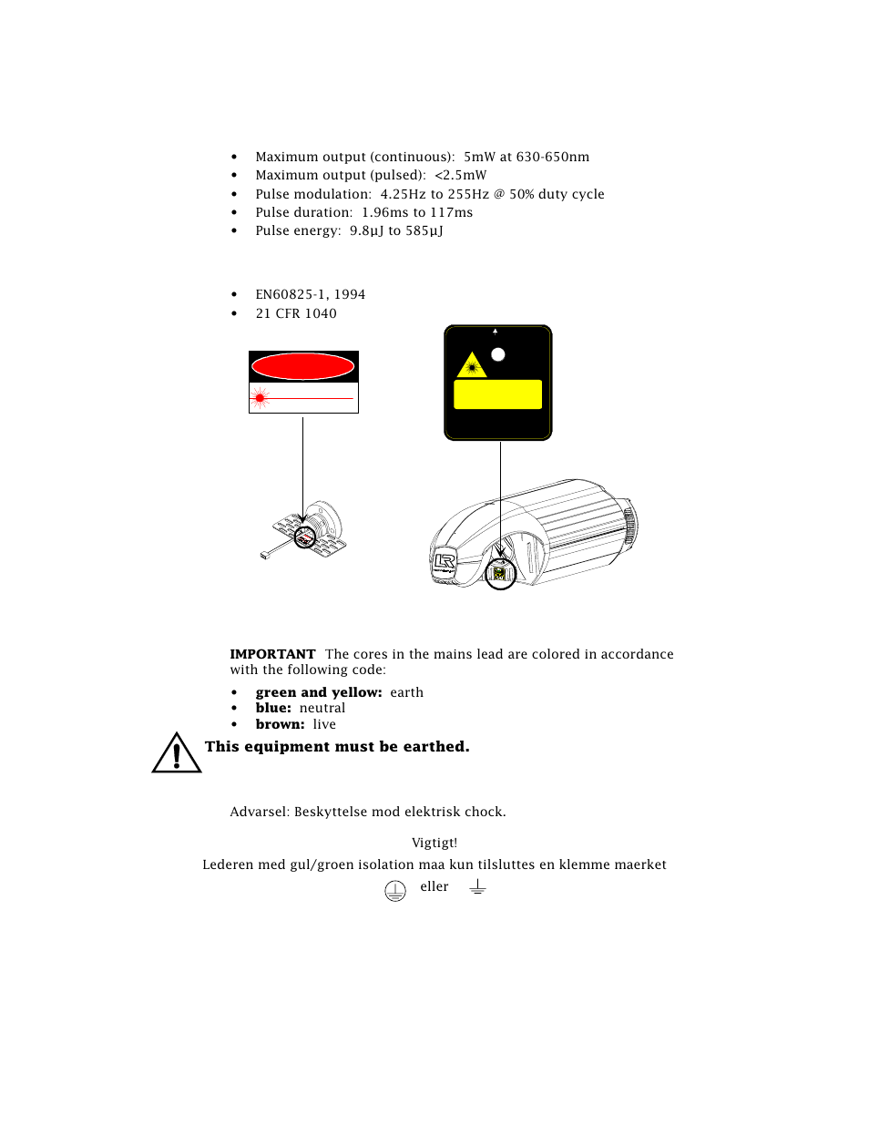 Lad safety standards, Important power cord information - u.k. only, Vigtig sikkerhedsinformation - danmark | Technobeam, User manual specifications 1 - 3, Danger | High End Systems Technobeam User Manual | Page 30 / 173