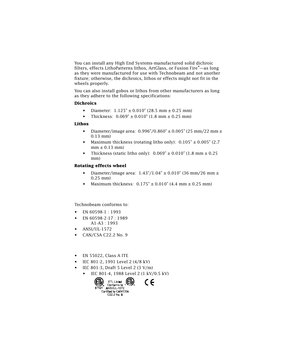 Dichroic, litho and effects specifications, Safety standards, Electromagnetic standards | High End Systems Technobeam User Manual | Page 31 / 173