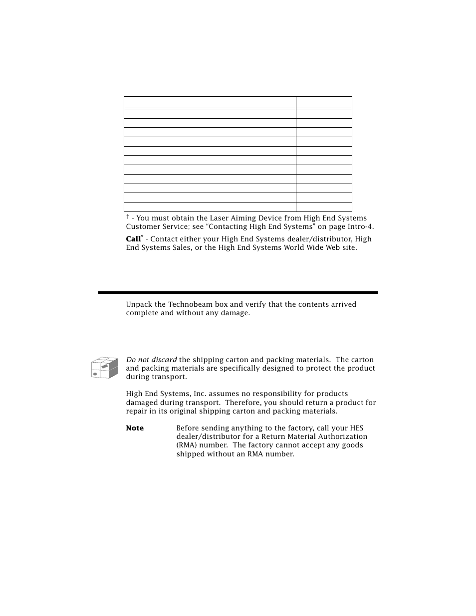 Unpacking the fixture, Save the shipping materials, Unpacking the fixture -6 | High End Systems Technobeam User Manual | Page 33 / 173