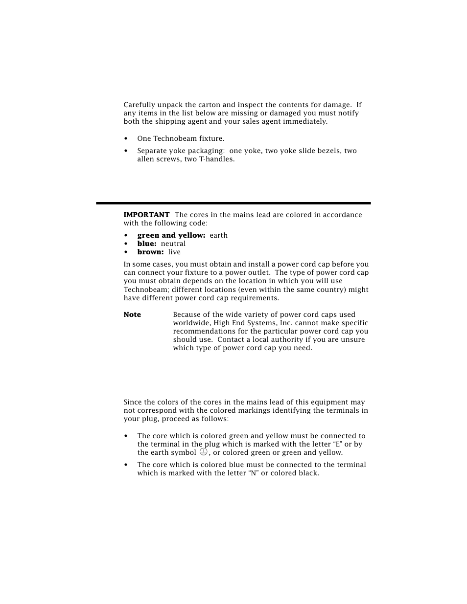 Inspecting the contents, Installing the power cord cap, Important power cord cap information - u.k. only | Installing the power cord cap -7 | High End Systems Technobeam User Manual | Page 34 / 173