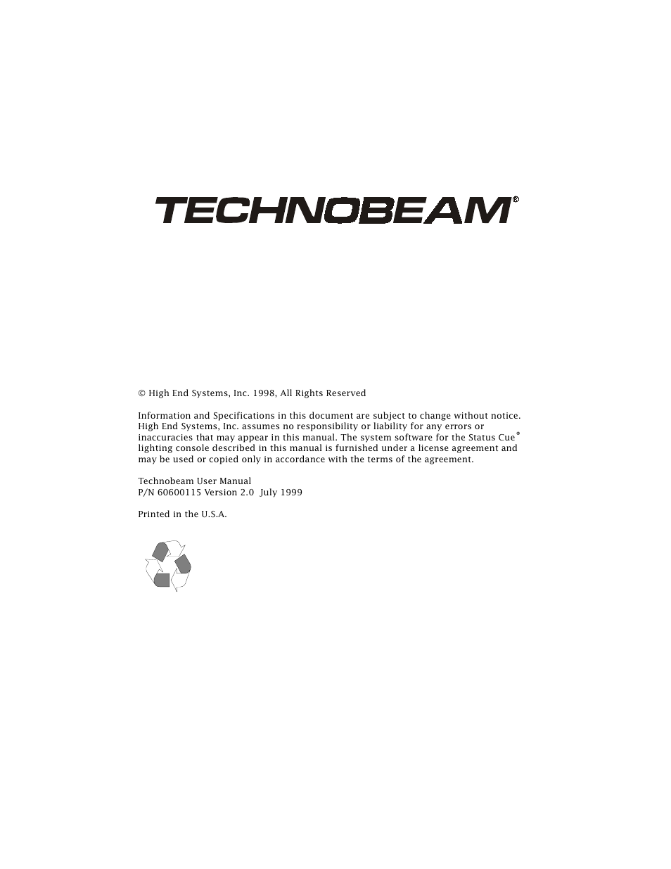 User manual | High End Systems Technobeam User Manual | Page 4 / 173