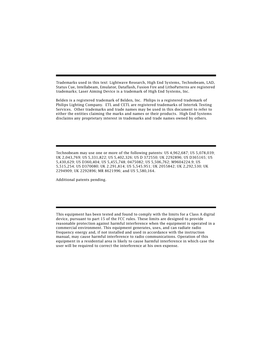 Trademarks, Patents, Fcc information | High End Systems Technobeam User Manual | Page 5 / 173