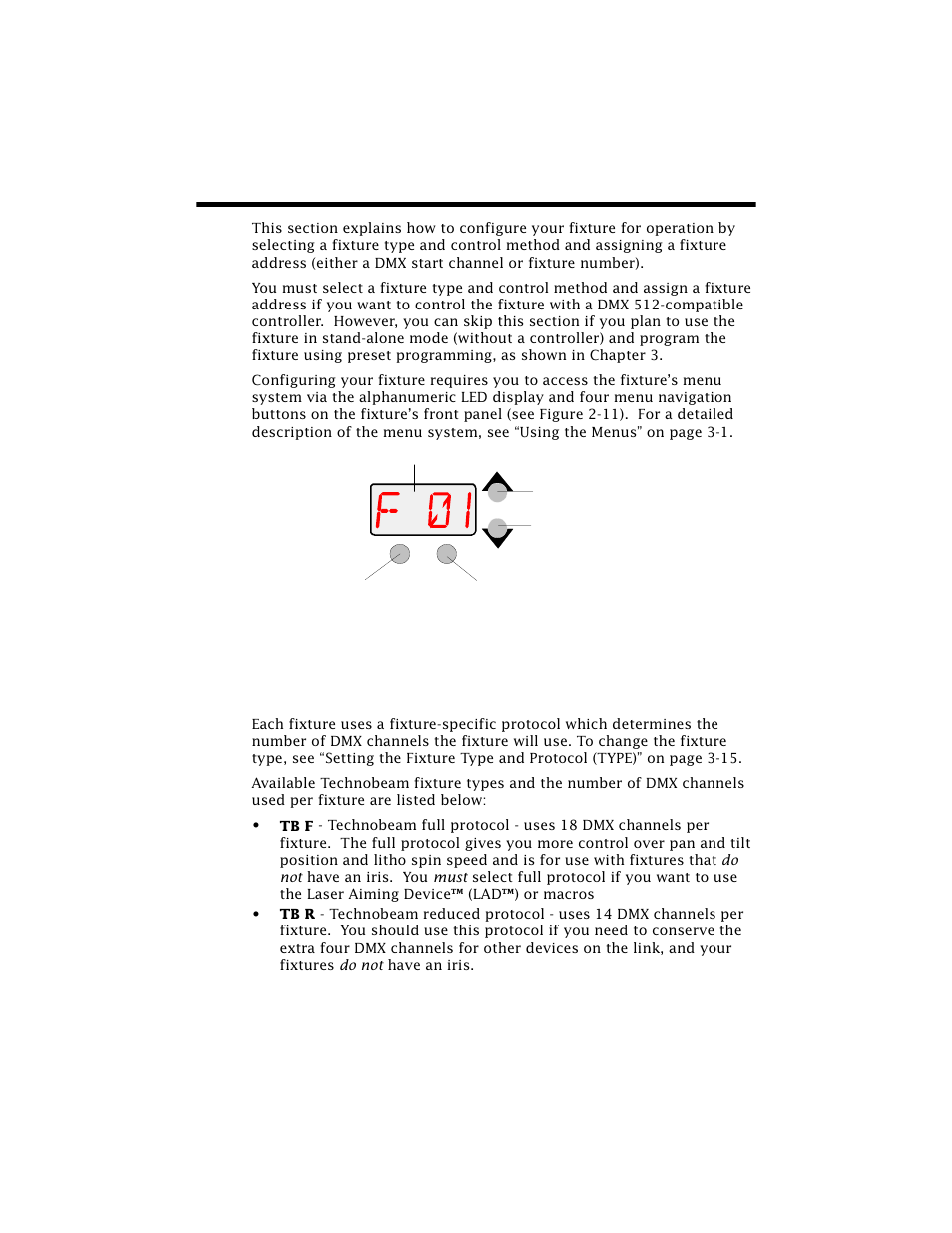 Configuring the fixture, Fixture types, Configuring the fixture -13 | Figure 2-11. menu navigation buttons -13 | High End Systems Technobeam User Manual | Page 54 / 173