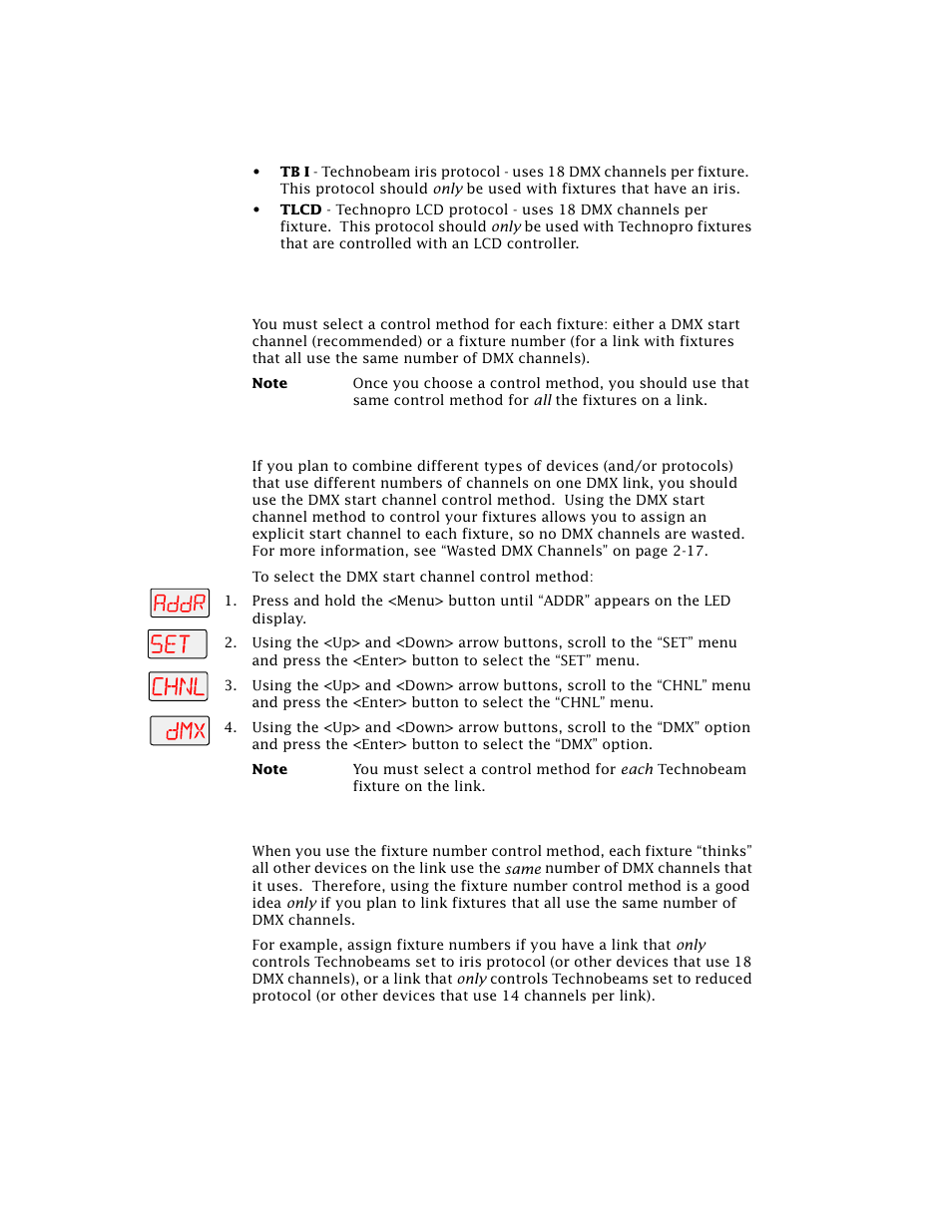 Selecting a control method, Dmx start channel control method, Fixture number control method | High End Systems Technobeam User Manual | Page 55 / 173