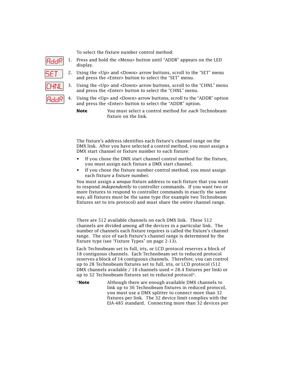 Assigning a fixture address, Channel range | High End Systems Technobeam User Manual | Page 56 / 173