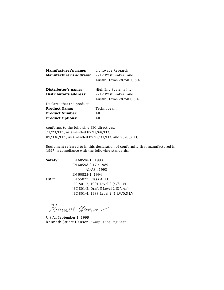 Declaration of conformity | High End Systems Technobeam User Manual | Page 6 / 173