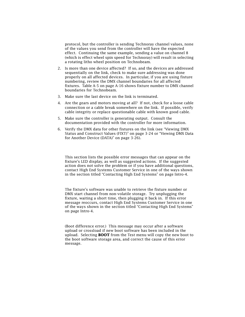 Menu error messages, Addr lost, Boot diff | High End Systems Technobeam User Manual | Page 66 / 173