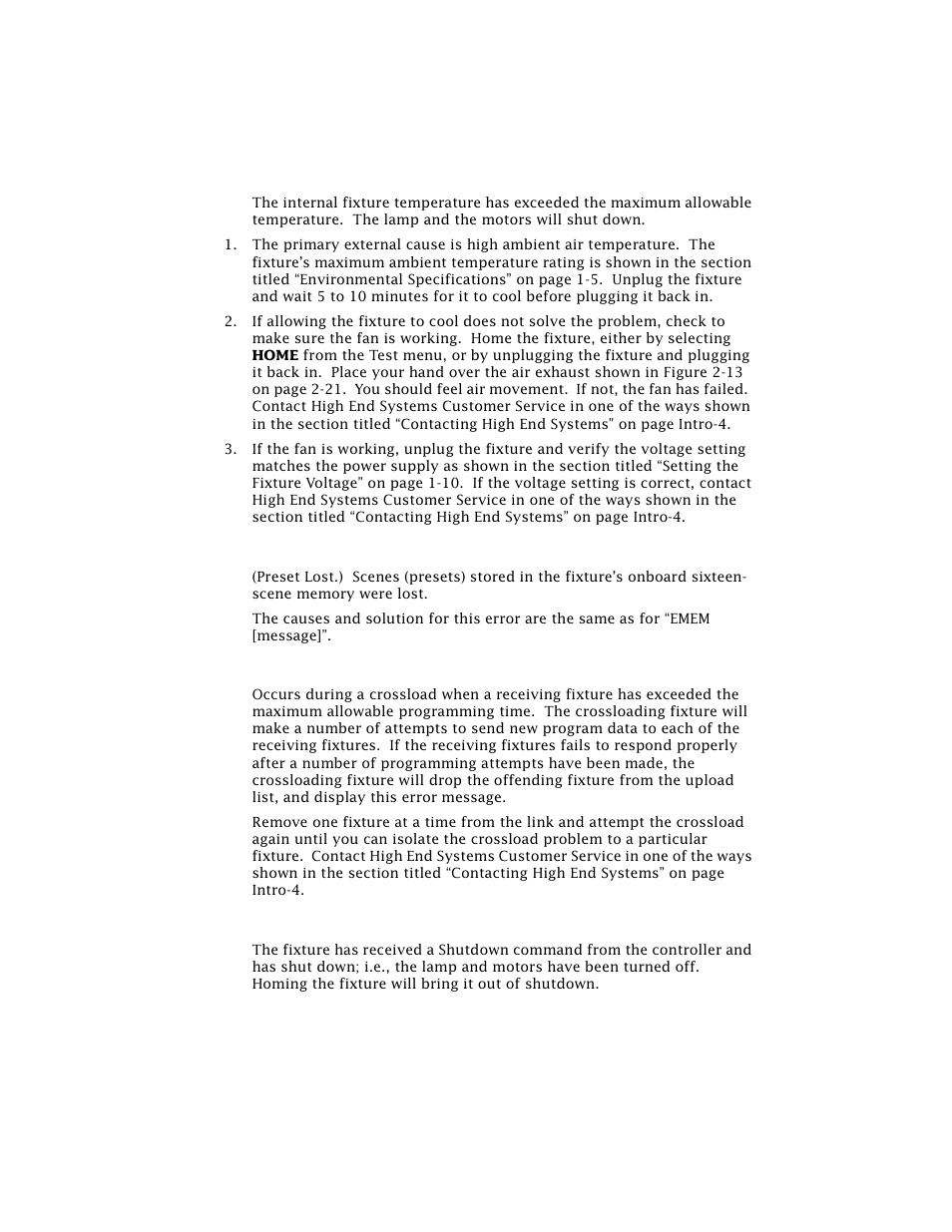 Over temp, Prst lost, Pgrm time | Shut down | High End Systems Technobeam User Manual | Page 69 / 173