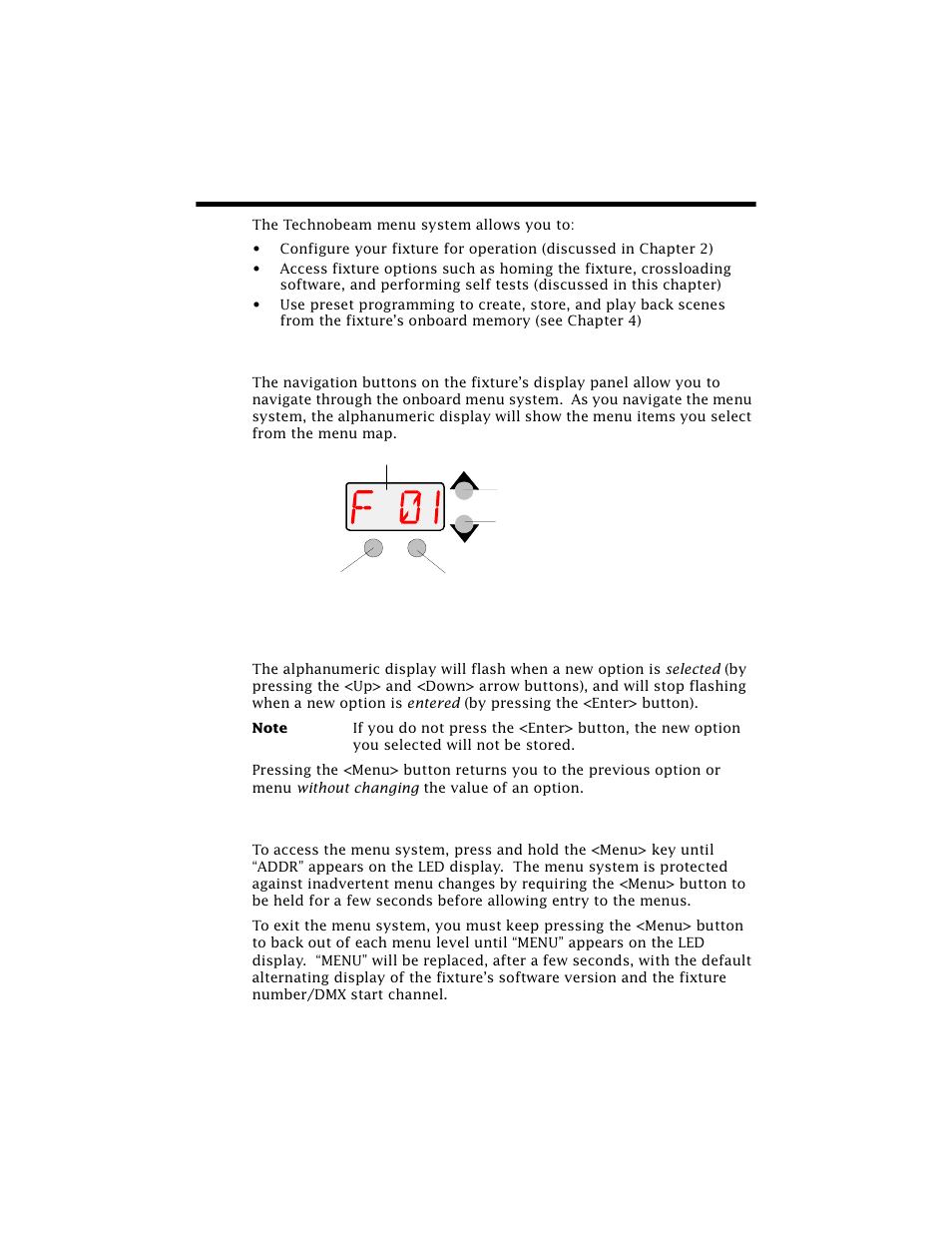 Menu system overview, Navigation buttons, Accessing the menu system | Menu system overview -2, Figure 3-1. technobeam navigation buttons -2 | High End Systems Technobeam User Manual | Page 71 / 173