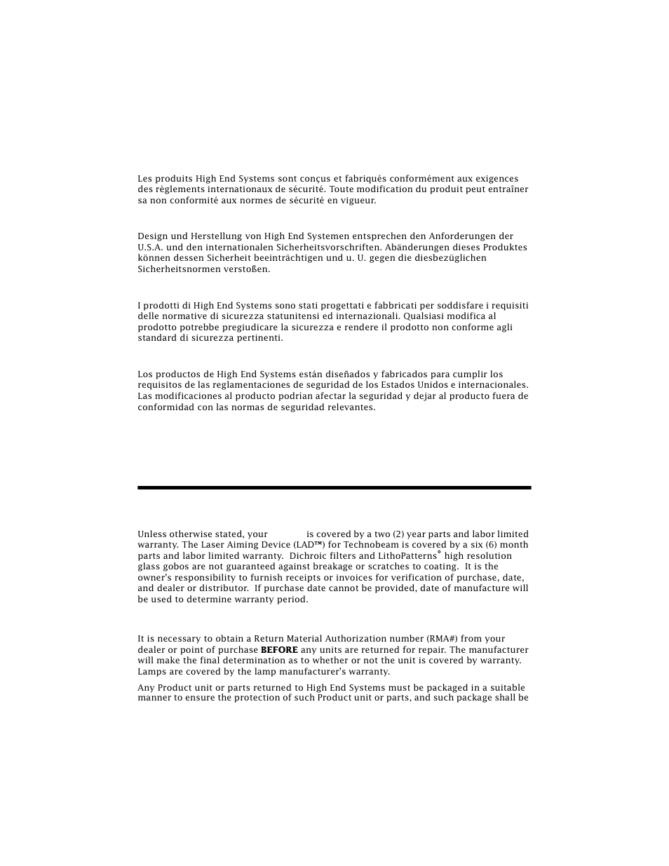 Warranty information, Mise en garde contre la modification du produit, Produktmodifikationswarnung | Avvertenza sulla modifica del prodotto, Advertencia de modificación del producto | High End Systems Technobeam User Manual | Page 8 / 173