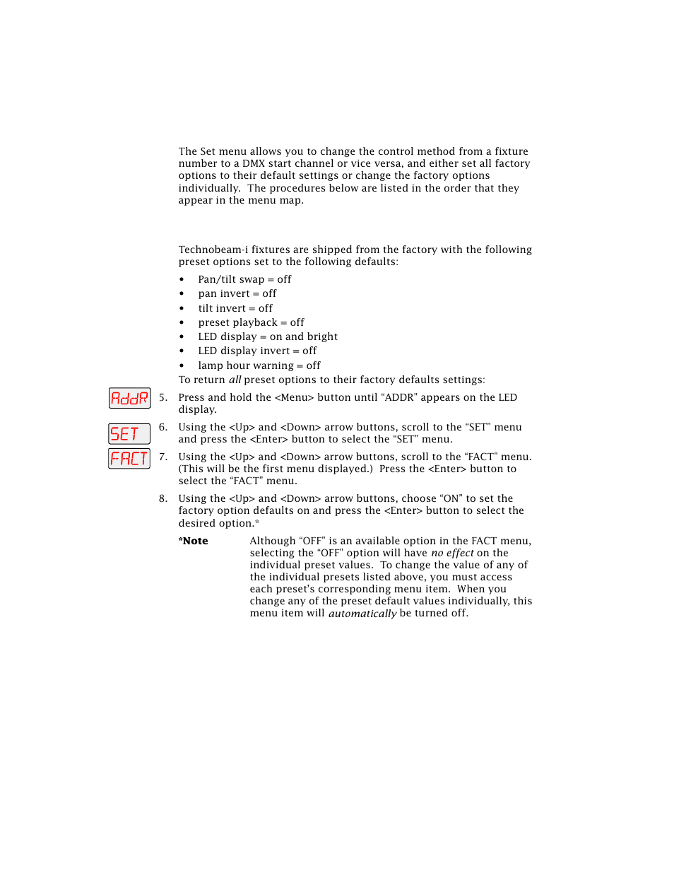 Set menu (set), Setting factory defaults (fact) | High End Systems Technobeam User Manual | Page 80 / 173