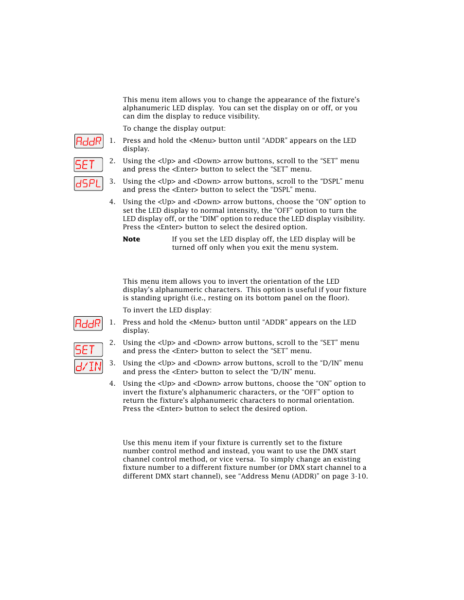 Changing the display output (dspl), Inverting led characters (d/in), Changing the control method (chnl) | High End Systems Technobeam User Manual | Page 82 / 173