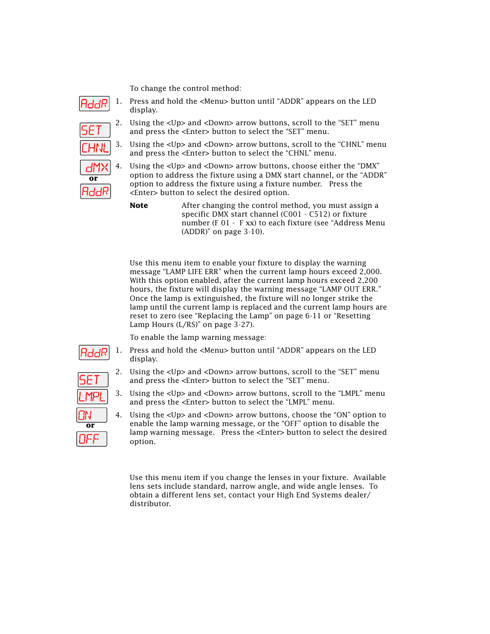 Setting the lamp warning message (lmpl), Changing the lens setting (lens) | High End Systems Technobeam User Manual | Page 83 / 173