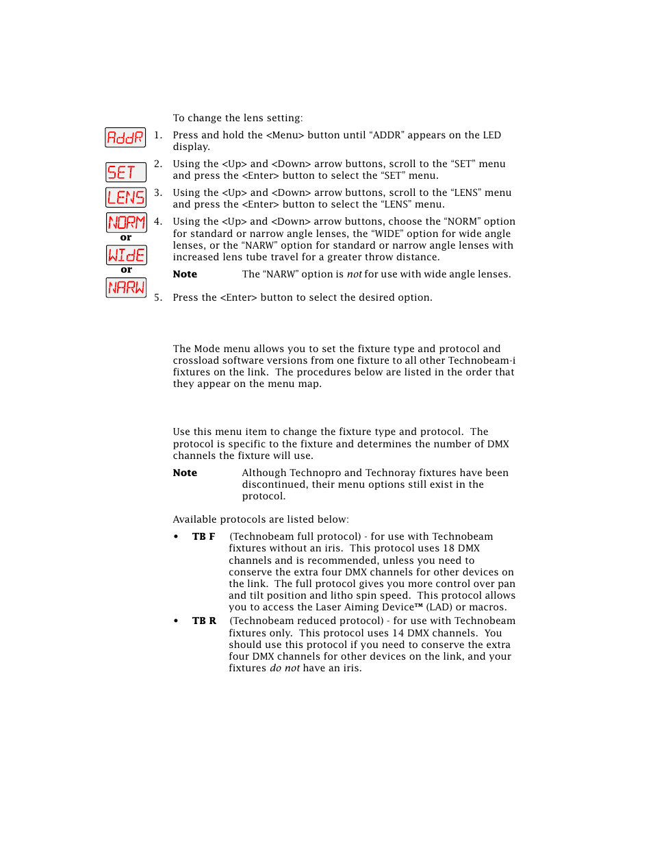 Mode menu (mode), Setting the fixture type and protocol (type) | High End Systems Technobeam User Manual | Page 84 / 173