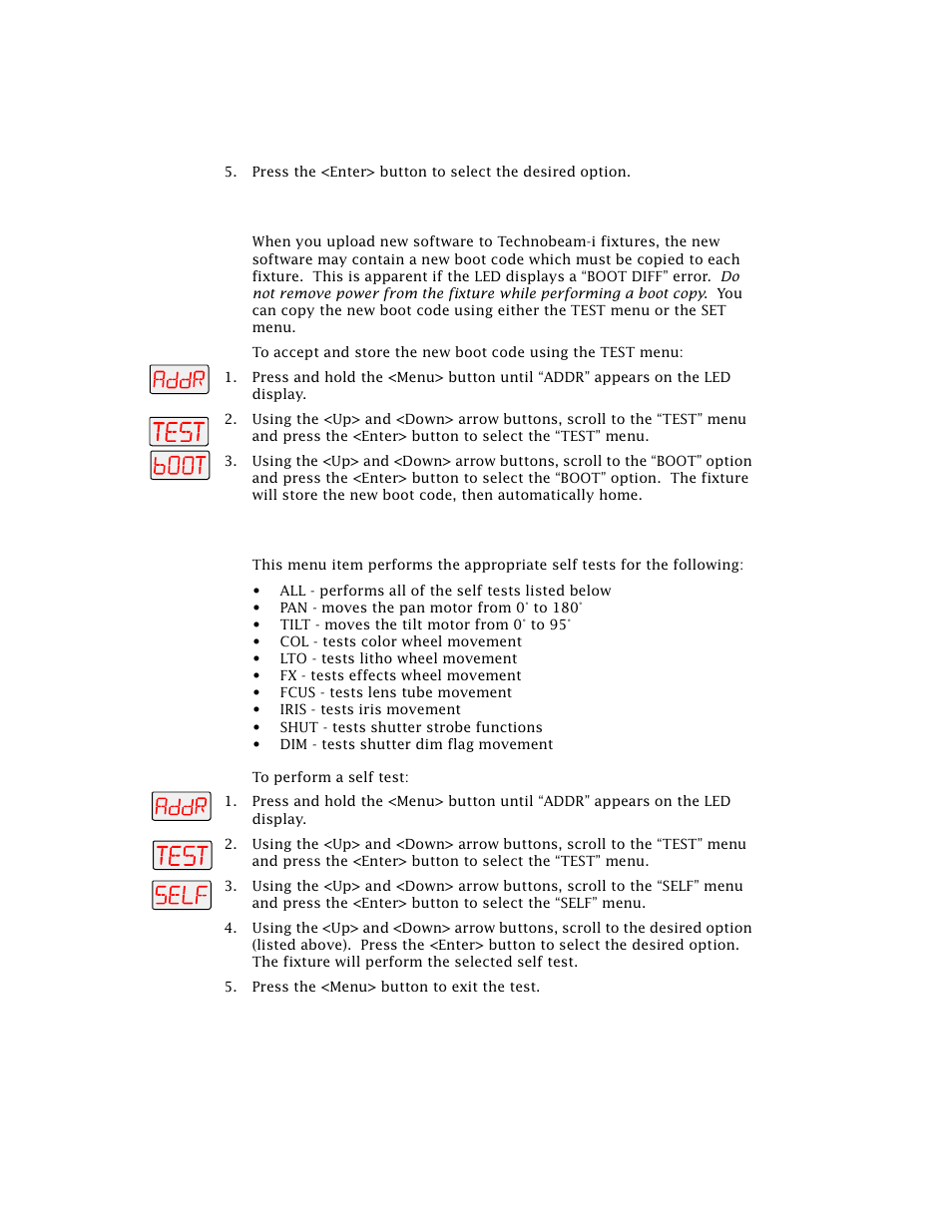 Copying the boot code (boot), Performing self tests (self) | High End Systems Technobeam User Manual | Page 90 / 173