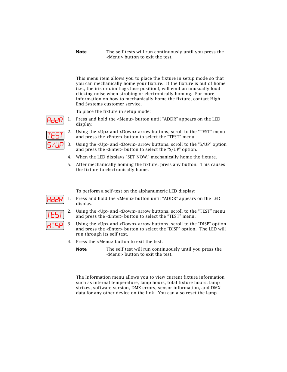 Placing the fixture in setup mode (s/up), Testing the led display (disp), Information menu (info) | High End Systems Technobeam User Manual | Page 91 / 173