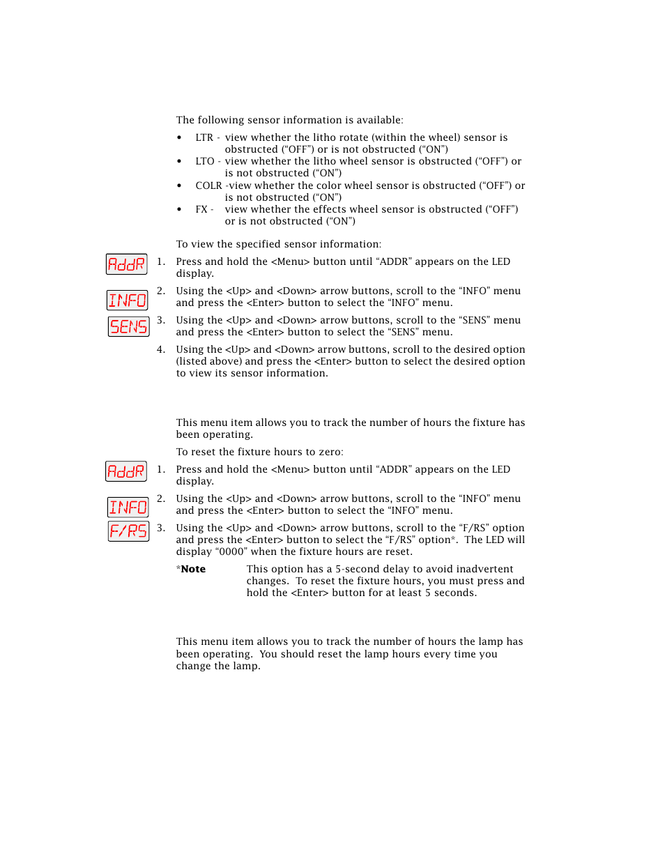 Resetting fixture hours (f/rs), Resetting lamp hours (l/rs) | High End Systems Technobeam User Manual | Page 96 / 173