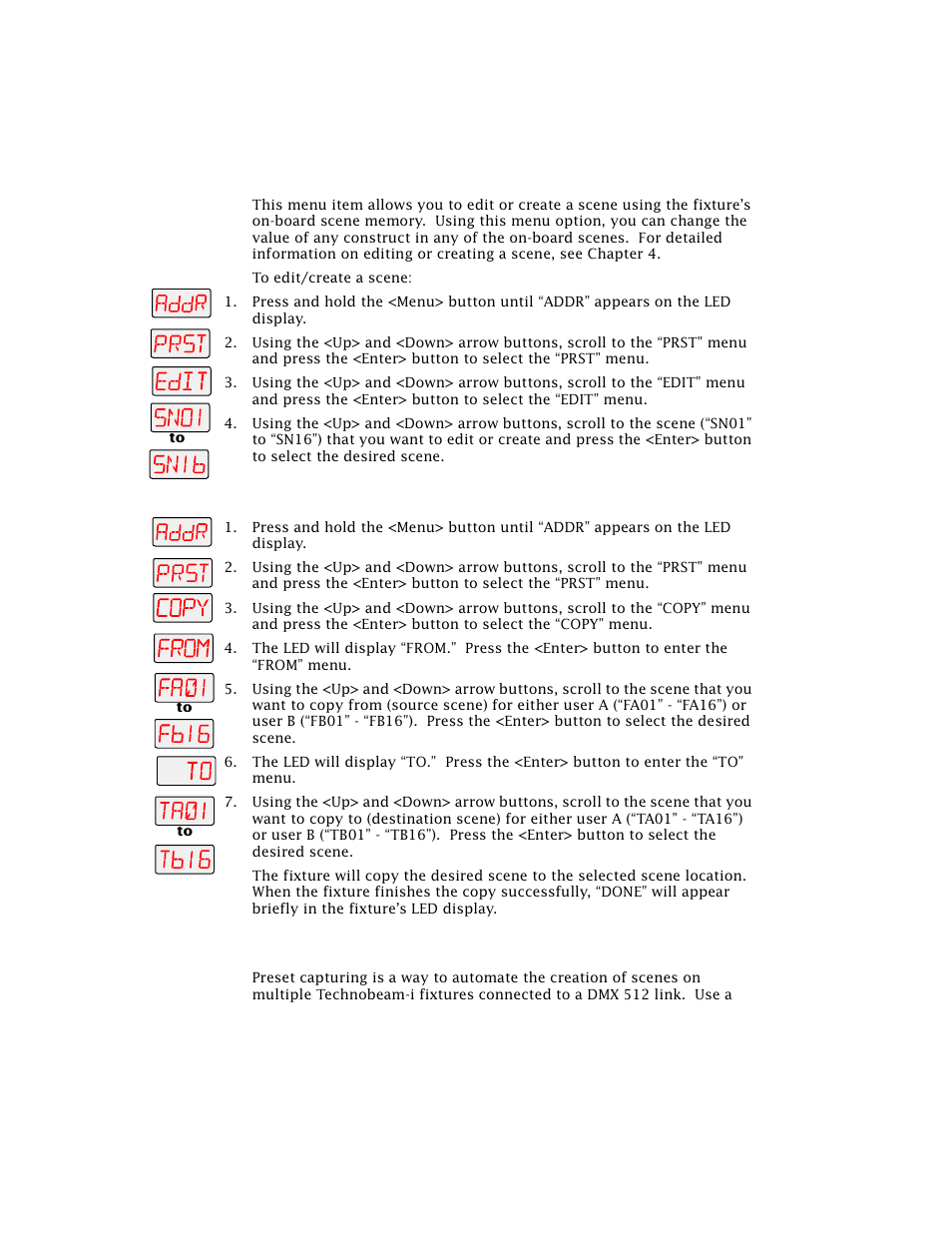 Copying an on-board memory scene (copy), Capturing a preset scene (capt) | High End Systems Technobeam User Manual | Page 98 / 173