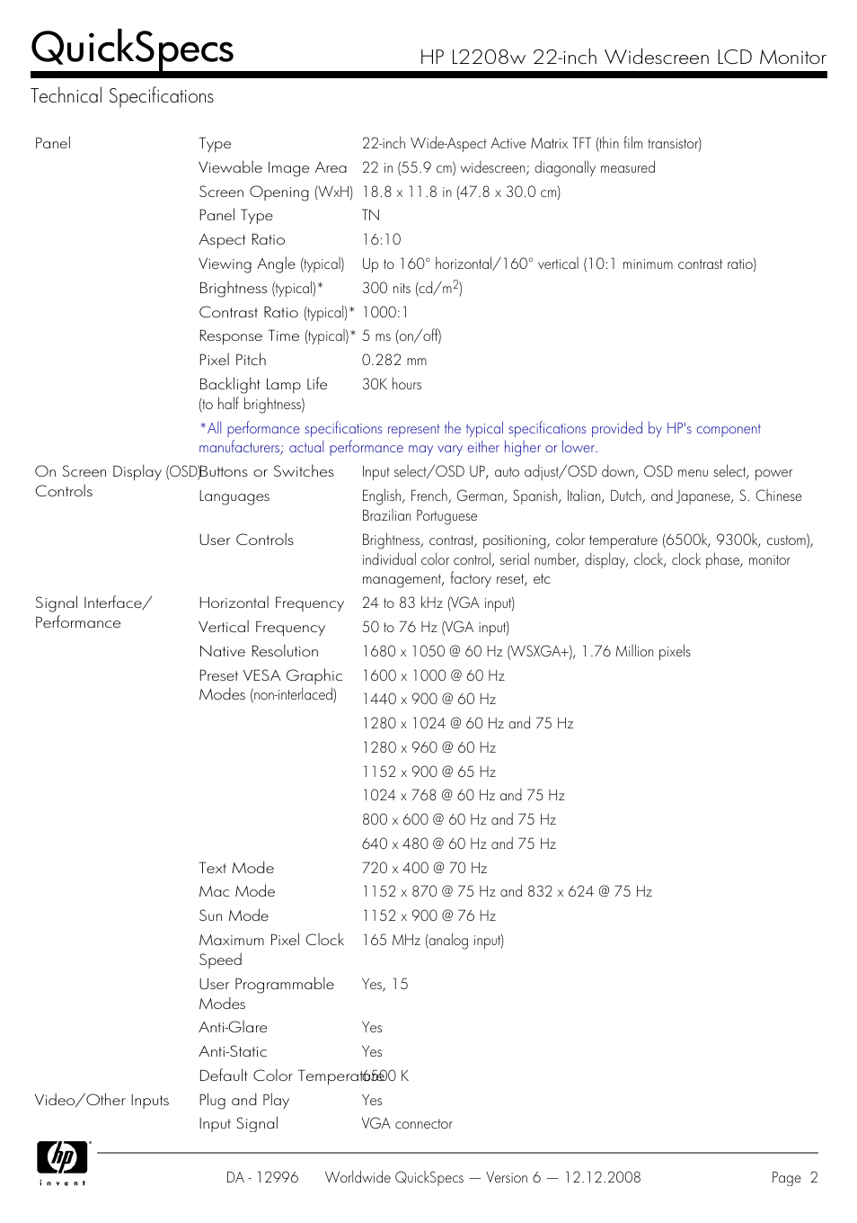 Technical specifications, Quickspecs | HPP Enterprises GX007AA User Manual | Page 2 / 7
