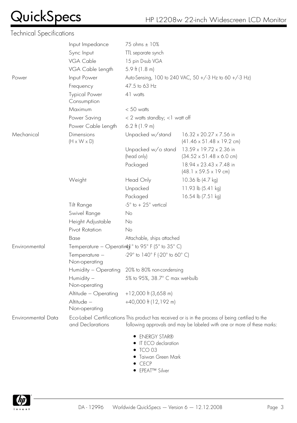 Quickspecs | HPP Enterprises GX007AA User Manual | Page 3 / 7