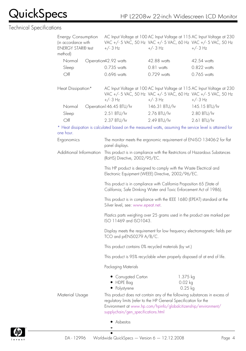 Quickspecs | HPP Enterprises GX007AA User Manual | Page 4 / 7