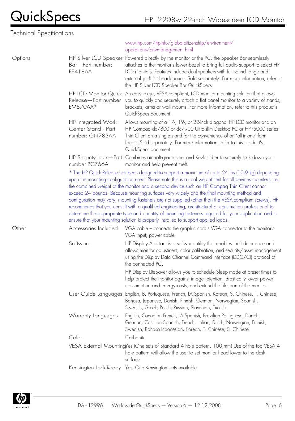 Quickspecs | HPP Enterprises GX007AA User Manual | Page 6 / 7
