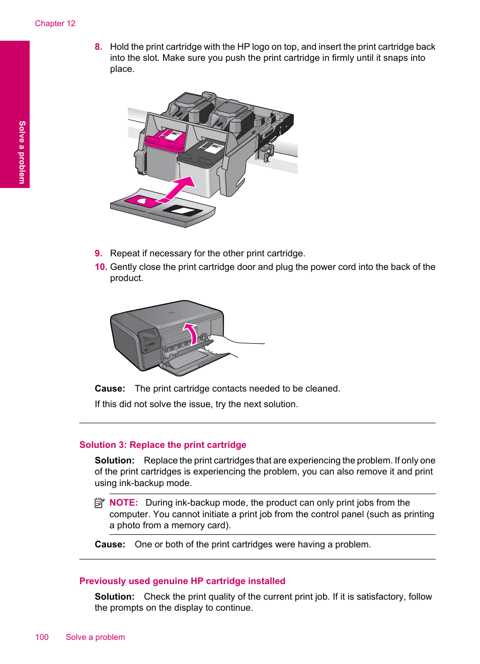 Previously used genuine hp cartridge installed | HP Photosmart C4780 User Manual | Page 102 / 120