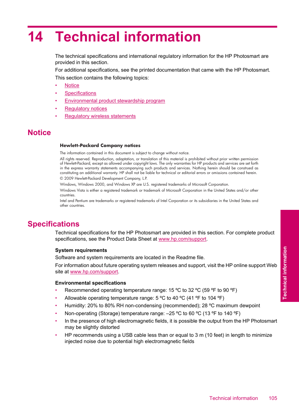 Technical information, Notice, Specifications | 14 technical information, Notice specifications | HP Photosmart C4780 User Manual | Page 107 / 120