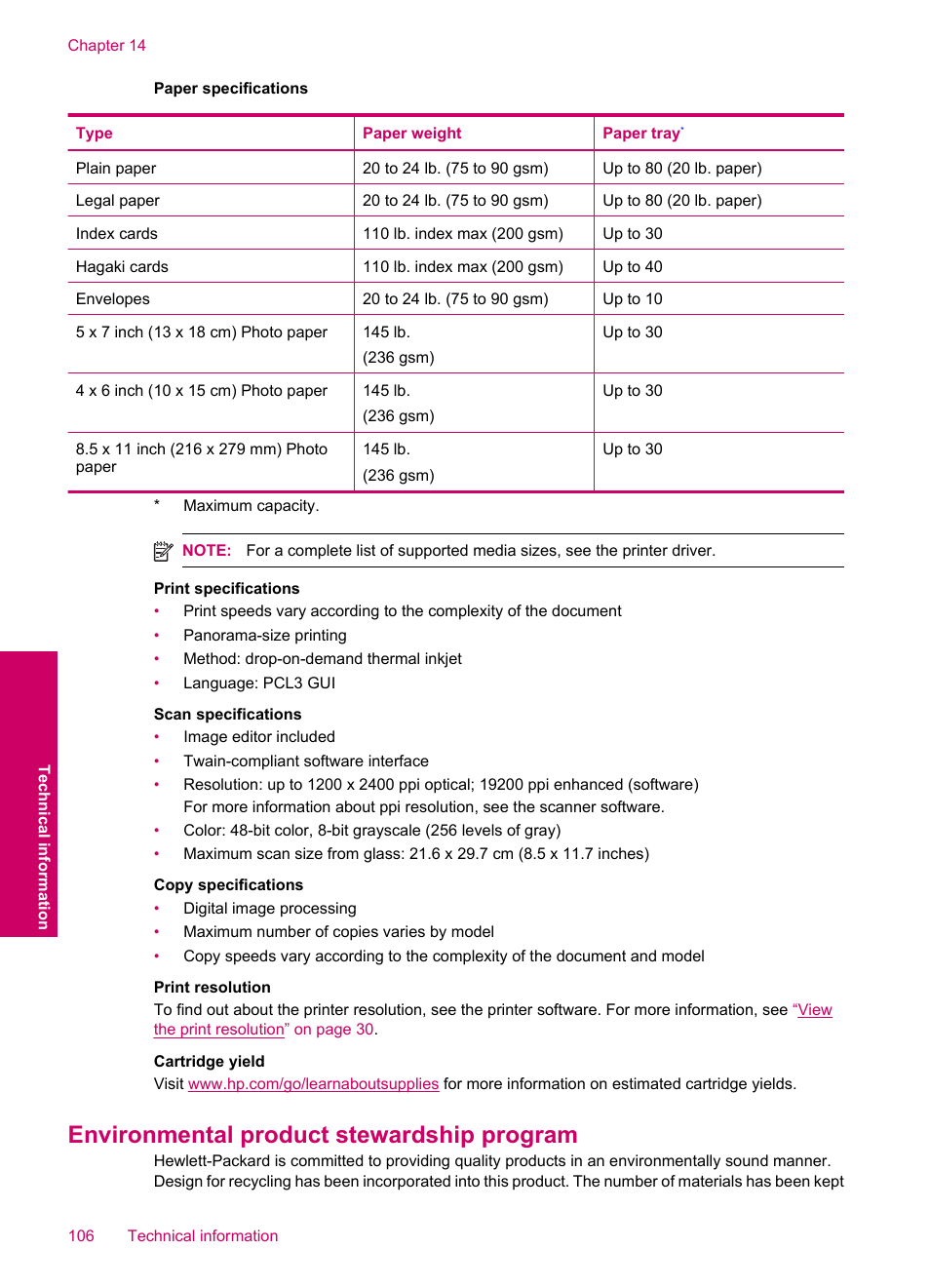 Environmental product stewardship program | HP Photosmart C4780 User Manual | Page 108 / 120