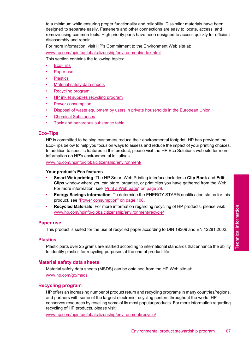 Eco-tips, Paper use, Plastics | Material safety data sheets, Recycling program | HP Photosmart C4780 User Manual | Page 109 / 120