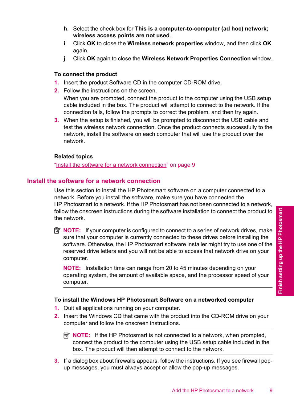 Install the software for a network connection | HP Photosmart C4780 User Manual | Page 11 / 120