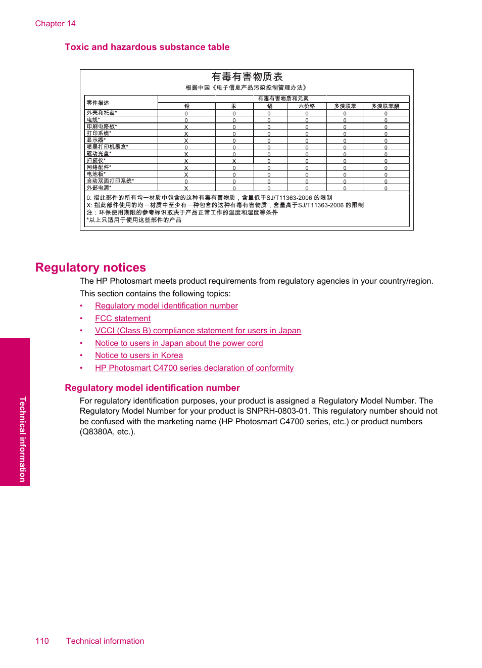 Toxic and hazardous substance table, Regulatory notices, Regulatory model identification number | HP Photosmart C4780 User Manual | Page 112 / 120