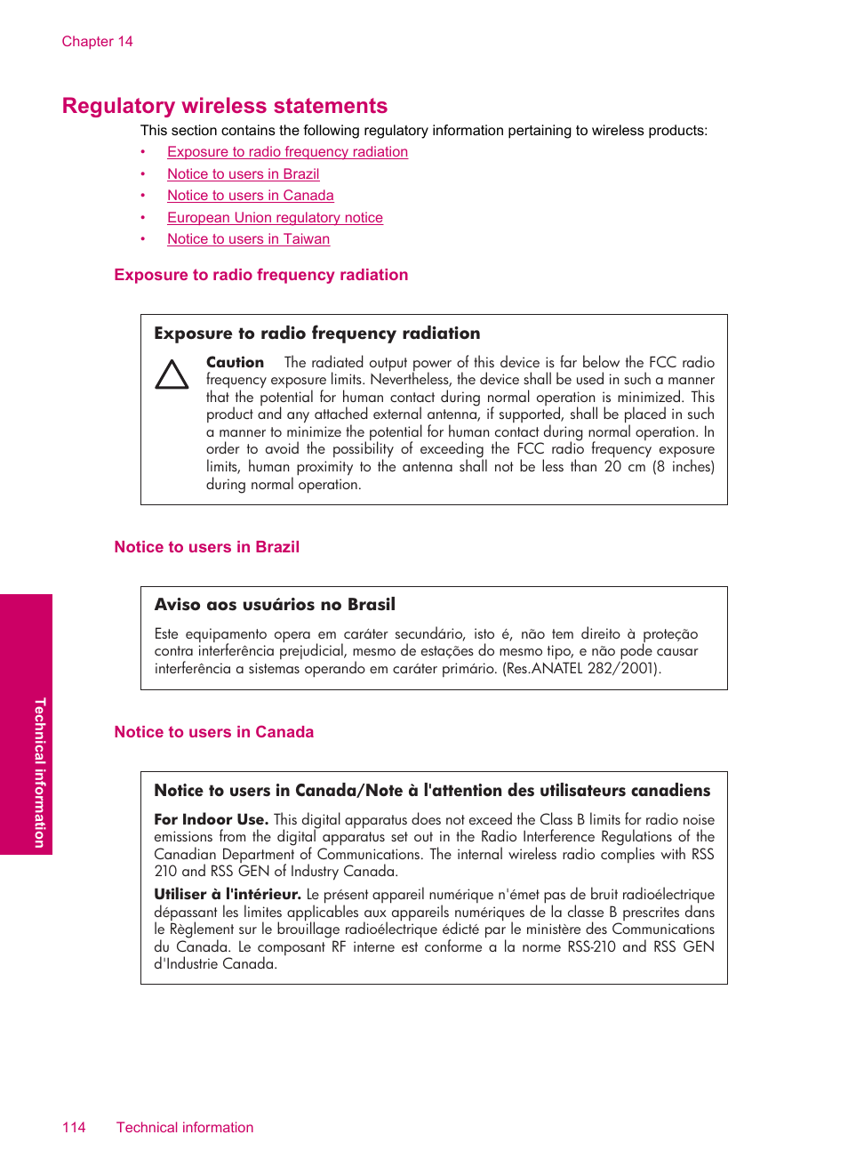 Regulatory wireless statements, Exposure to radio frequency radiation, Notice to users in brazil | Notice to users in canada | HP Photosmart C4780 User Manual | Page 116 / 120